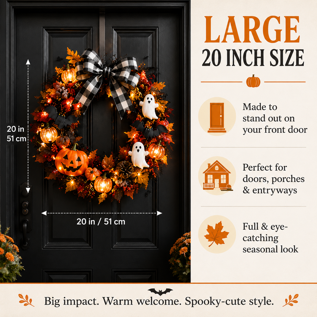 20 Inch Lighted Halloween Fall Wreath Warm - Spooky-Cute Charm for Your Front Door 🎃👻