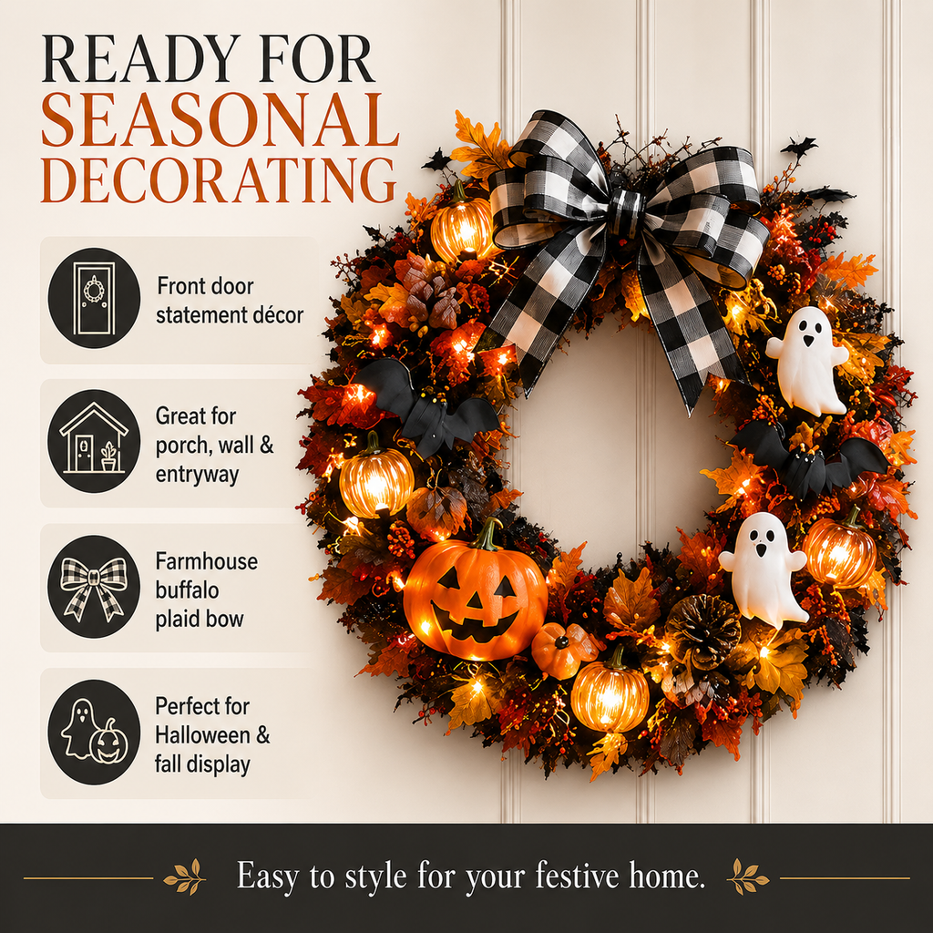 20 Inch Lighted Halloween Fall Wreath Warm - Spooky-Cute Charm for Your Front Door 🎃👻