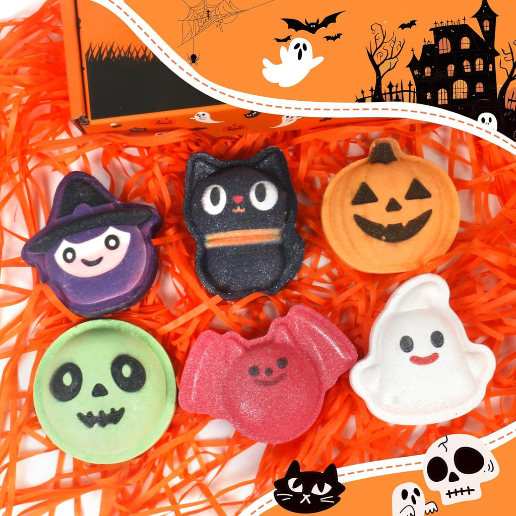 🎃Halloween Bath Bomb Gift Set - 6-Piece Scary Cute Kids Bath Bomb Gift Box, Includes Witch, Bat, Black Cat, Skull, Ghost and Pumpkin Bubble Spa Balls🎃