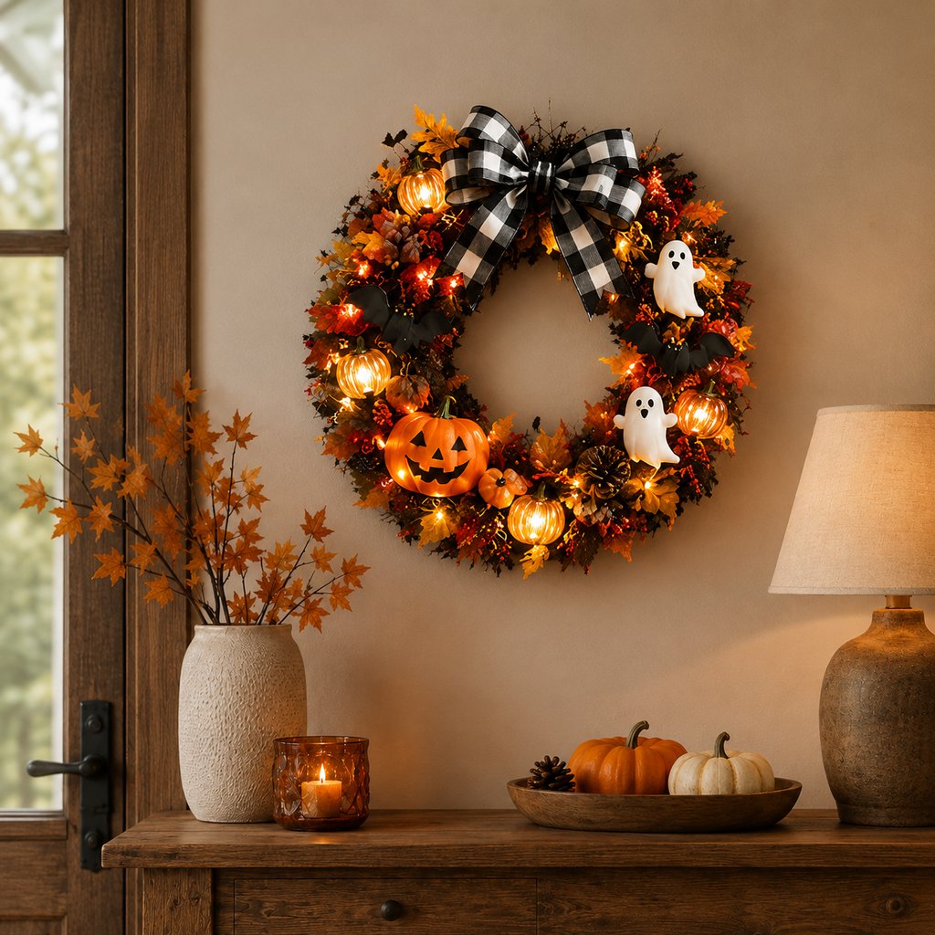 20 Inch Lighted Halloween Fall Wreath Warm - Spooky-Cute Charm for Your Front Door 🎃👻