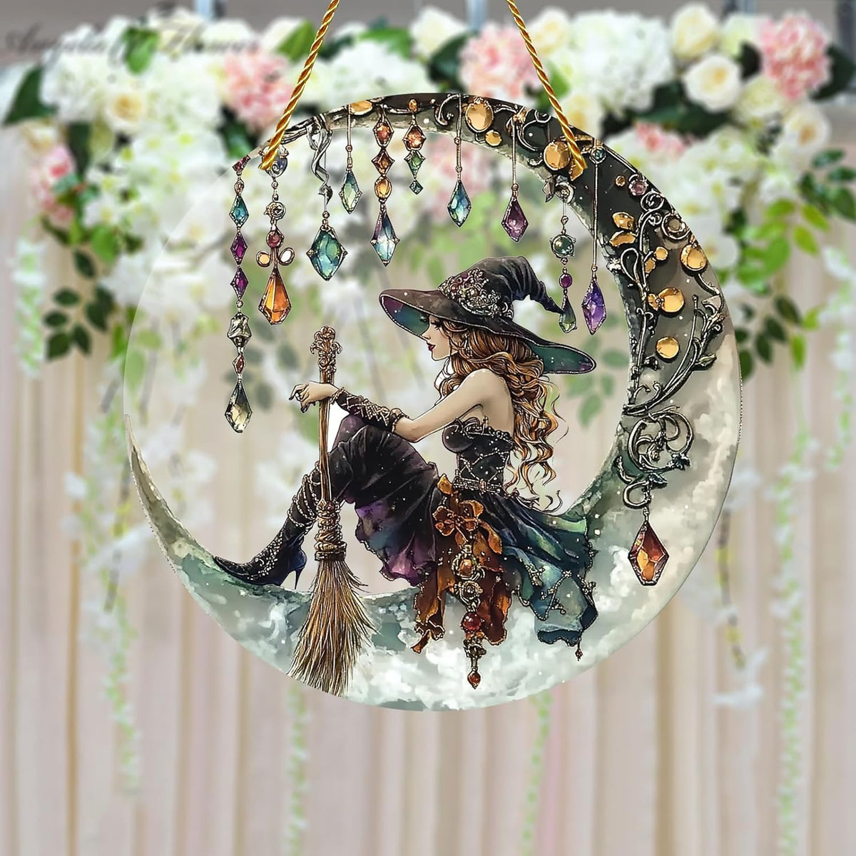Halloween Charming Moonlight Witch Glass Window Hanging Sun Catcher