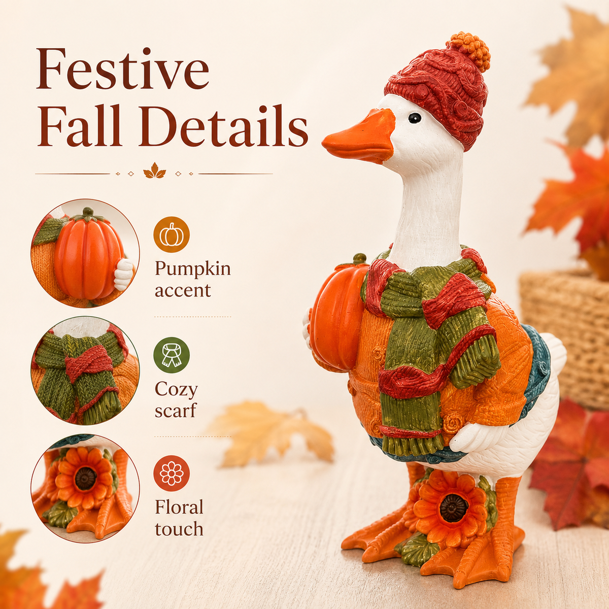 Fall Duck Figurine with Pumpkin, Resin Autumn Tabletop Decor