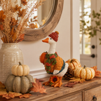 Fall Duck Figurine with Pumpkin, Resin Autumn Tabletop Decor