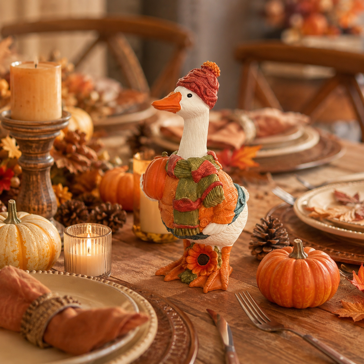 Fall Duck Figurine with Pumpkin, Resin Autumn Tabletop Decor