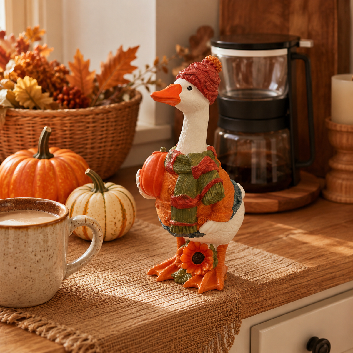Fall Duck Figurine with Pumpkin, Resin Autumn Tabletop Decor