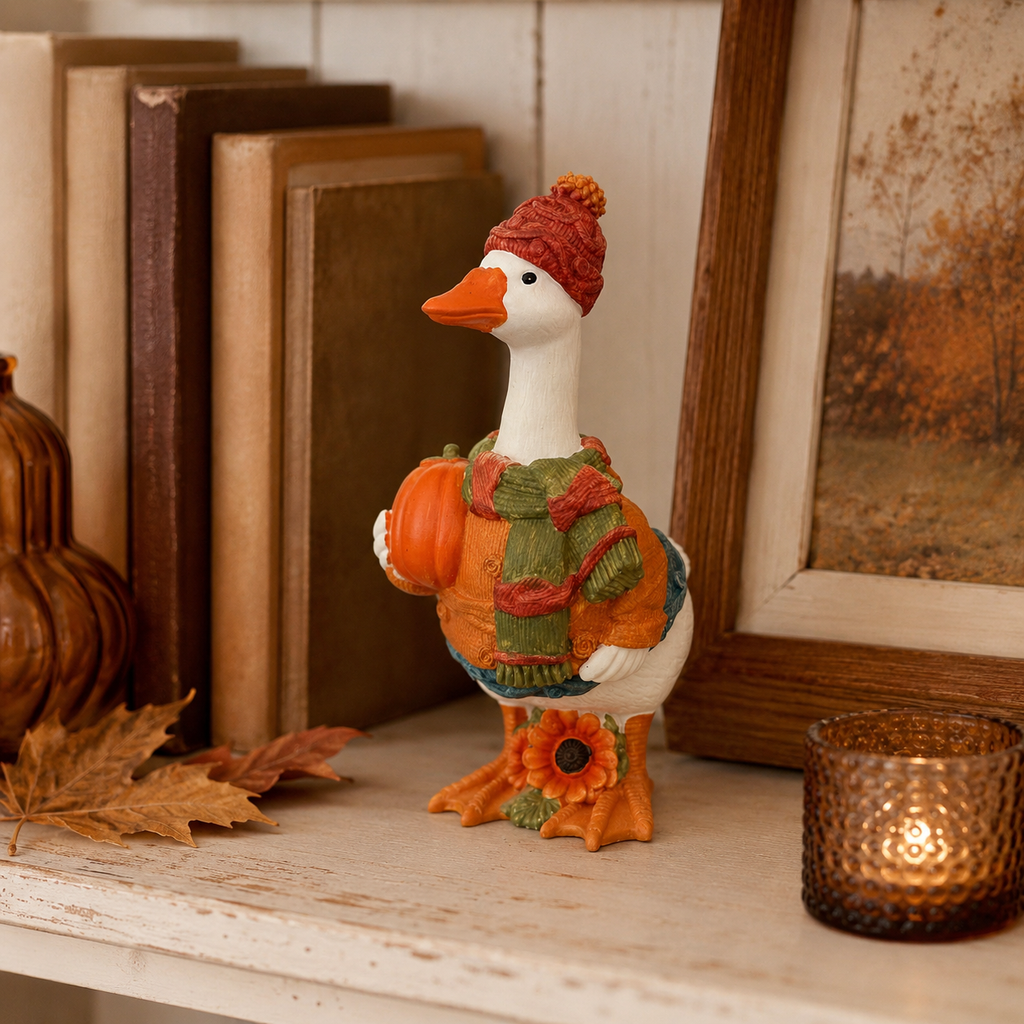 Fall Duck Figurine with Pumpkin, Resin Autumn Tabletop Decor