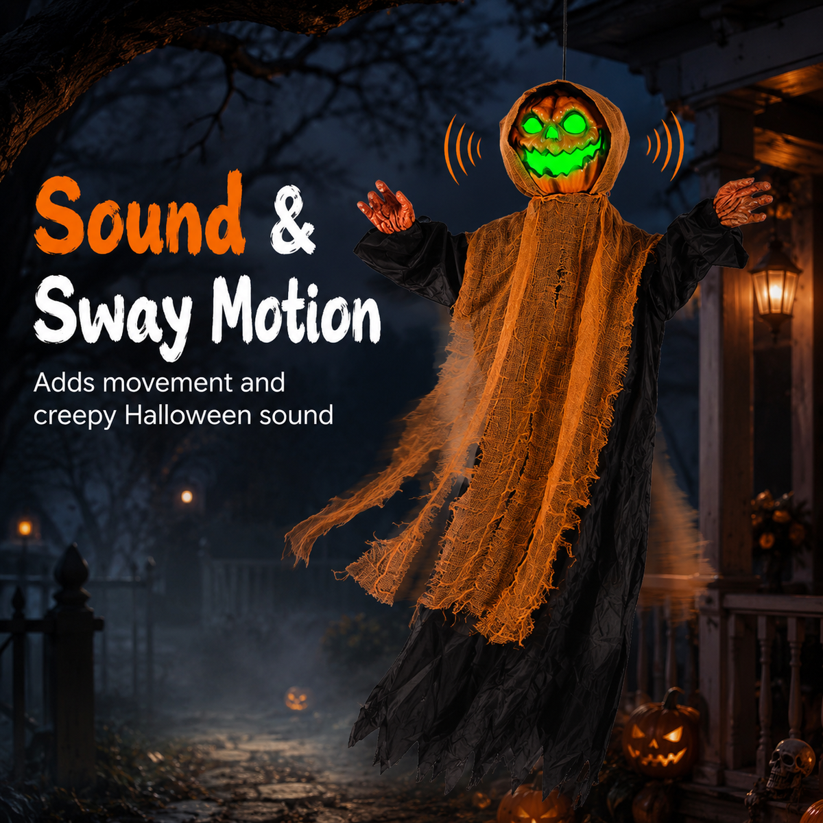 Light-Up Hanging Pumpkin Ghost Halloween Decoration