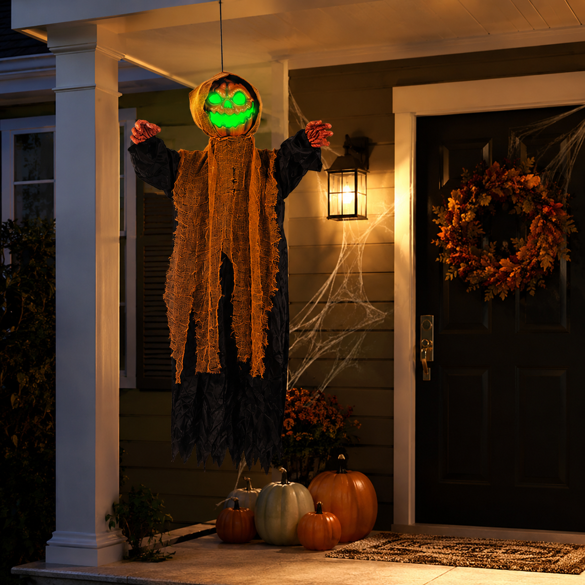 Light-Up Hanging Pumpkin Ghost Halloween Decoration