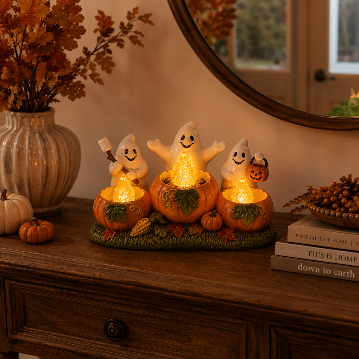 Lighted Ghost Pumpkin Campfire Decoration