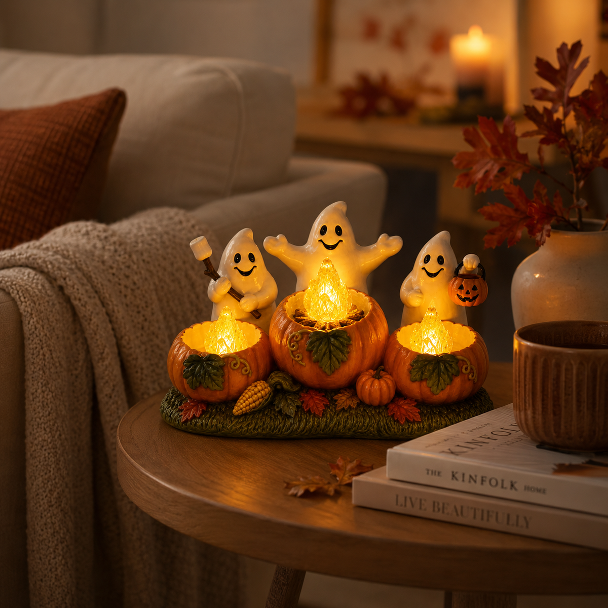 Lighted Ghost Pumpkin Campfire Decoration