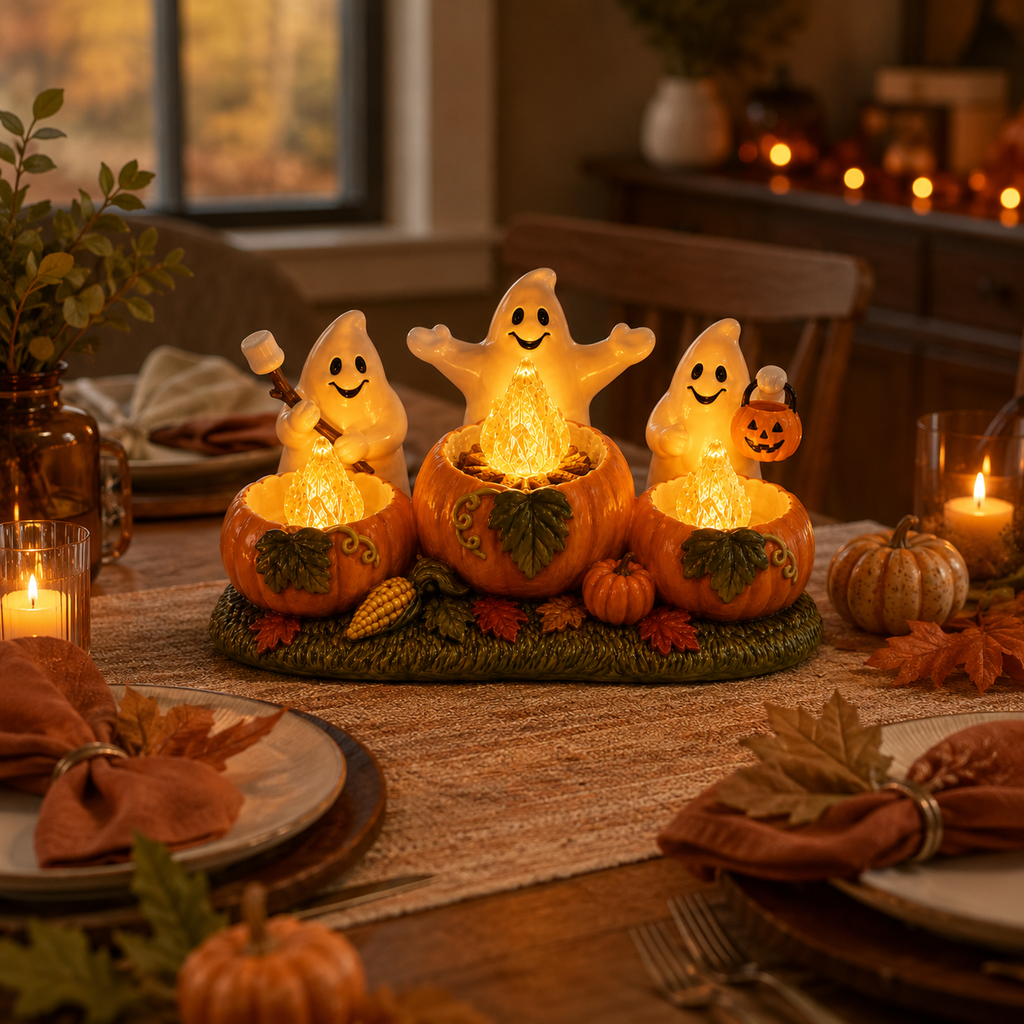 Lighted Ghost Pumpkin Campfire Decoration