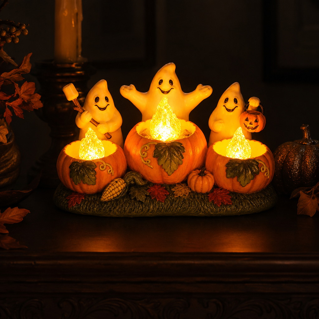 Lighted Ghost Pumpkin Campfire Decoration