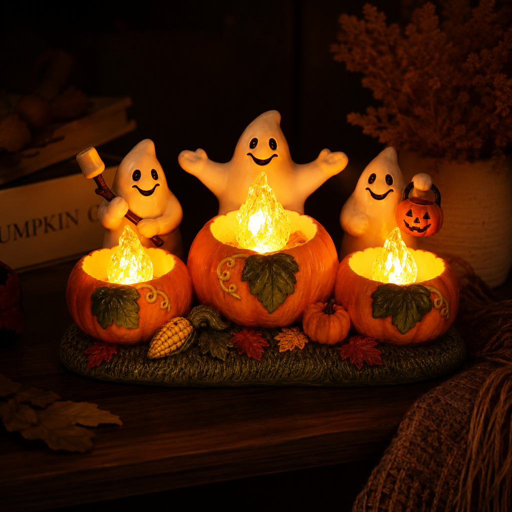Lighted Ghost Pumpkin Campfire Decoration