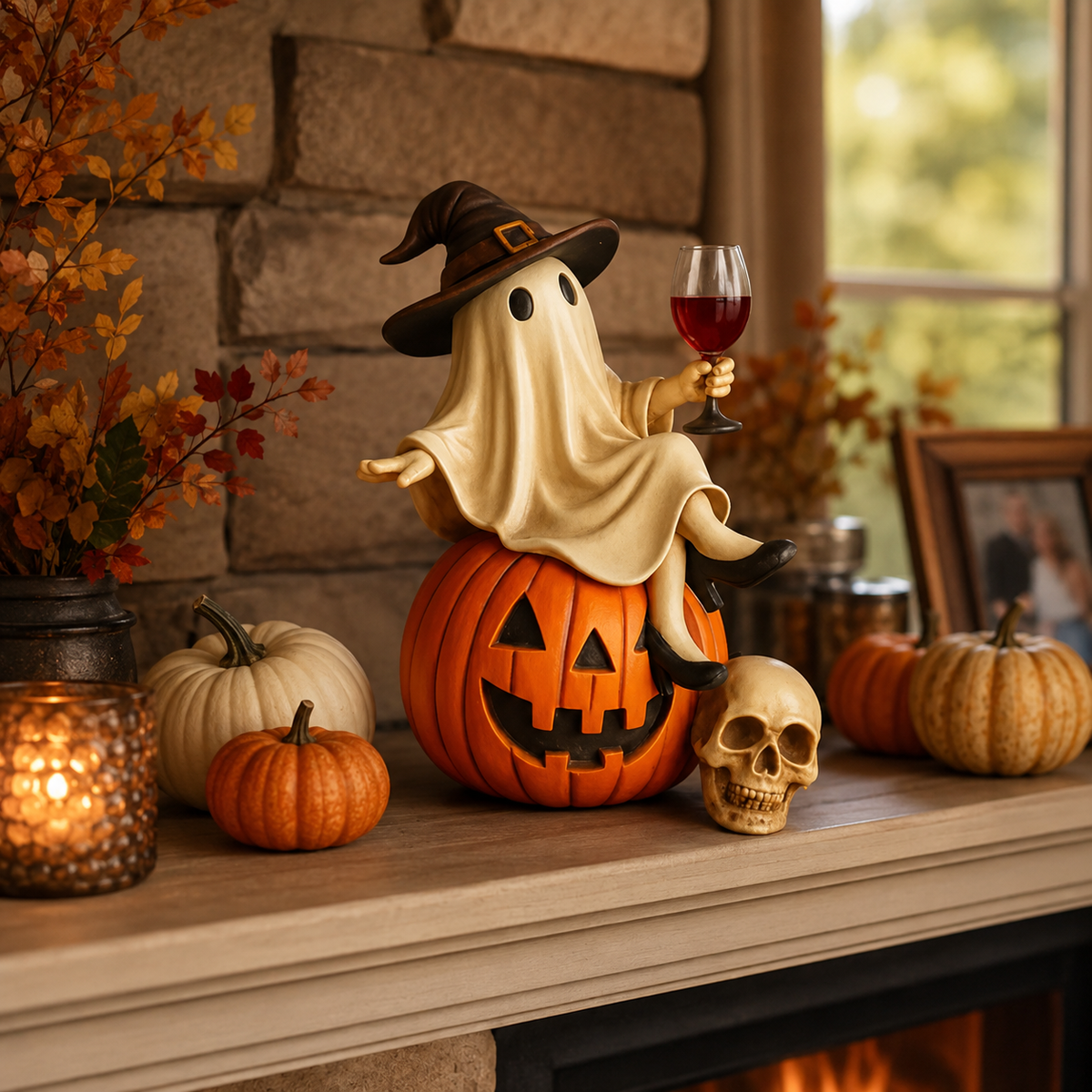 Ghost Wine Night Pumpkin Figurine