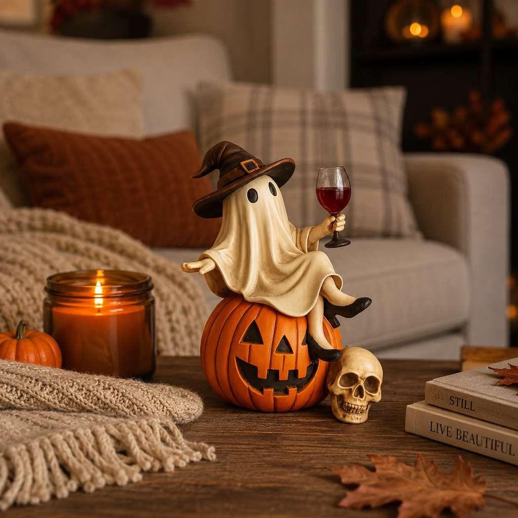 Ghost Wine Night Pumpkin Figurine