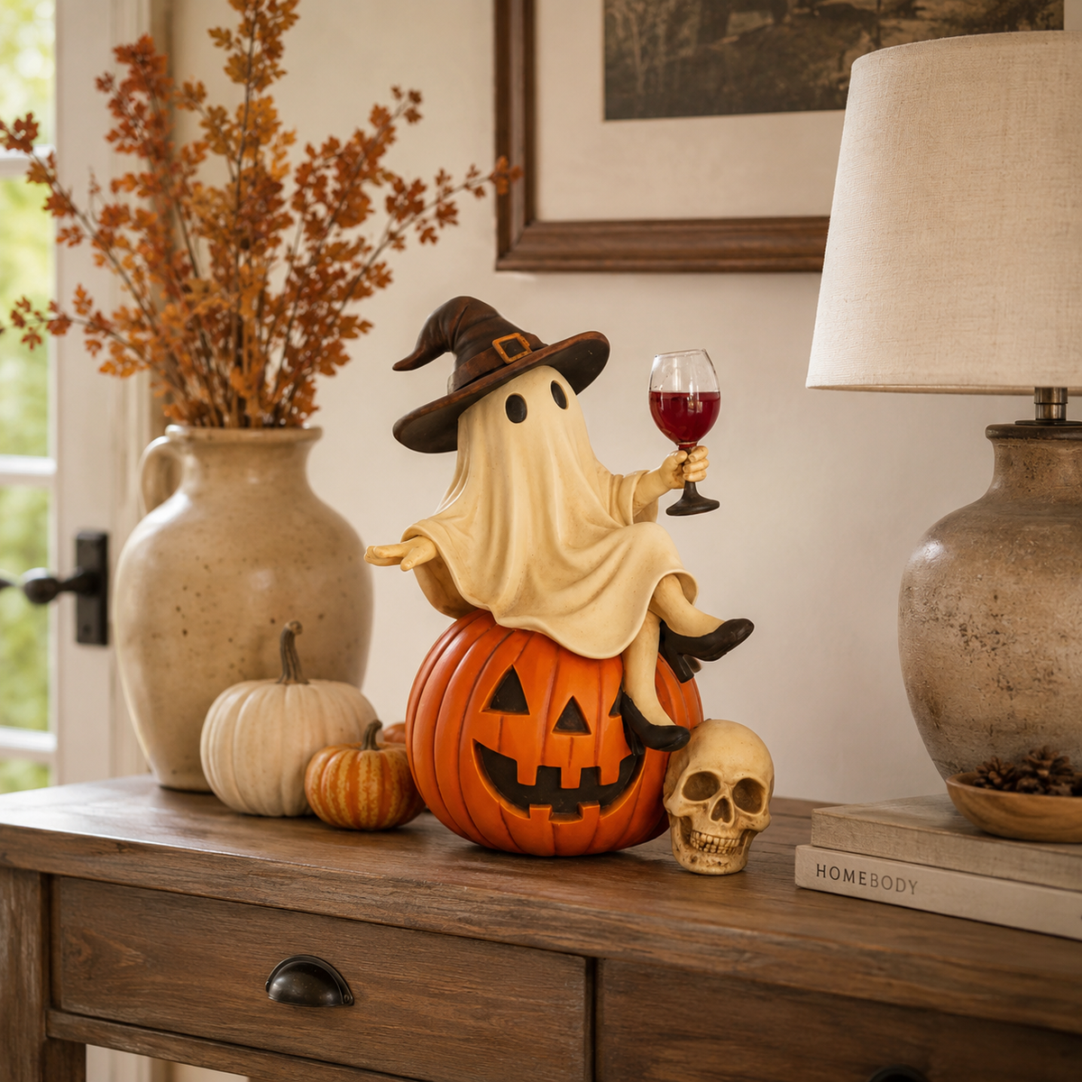 Ghost Wine Night Pumpkin Figurine