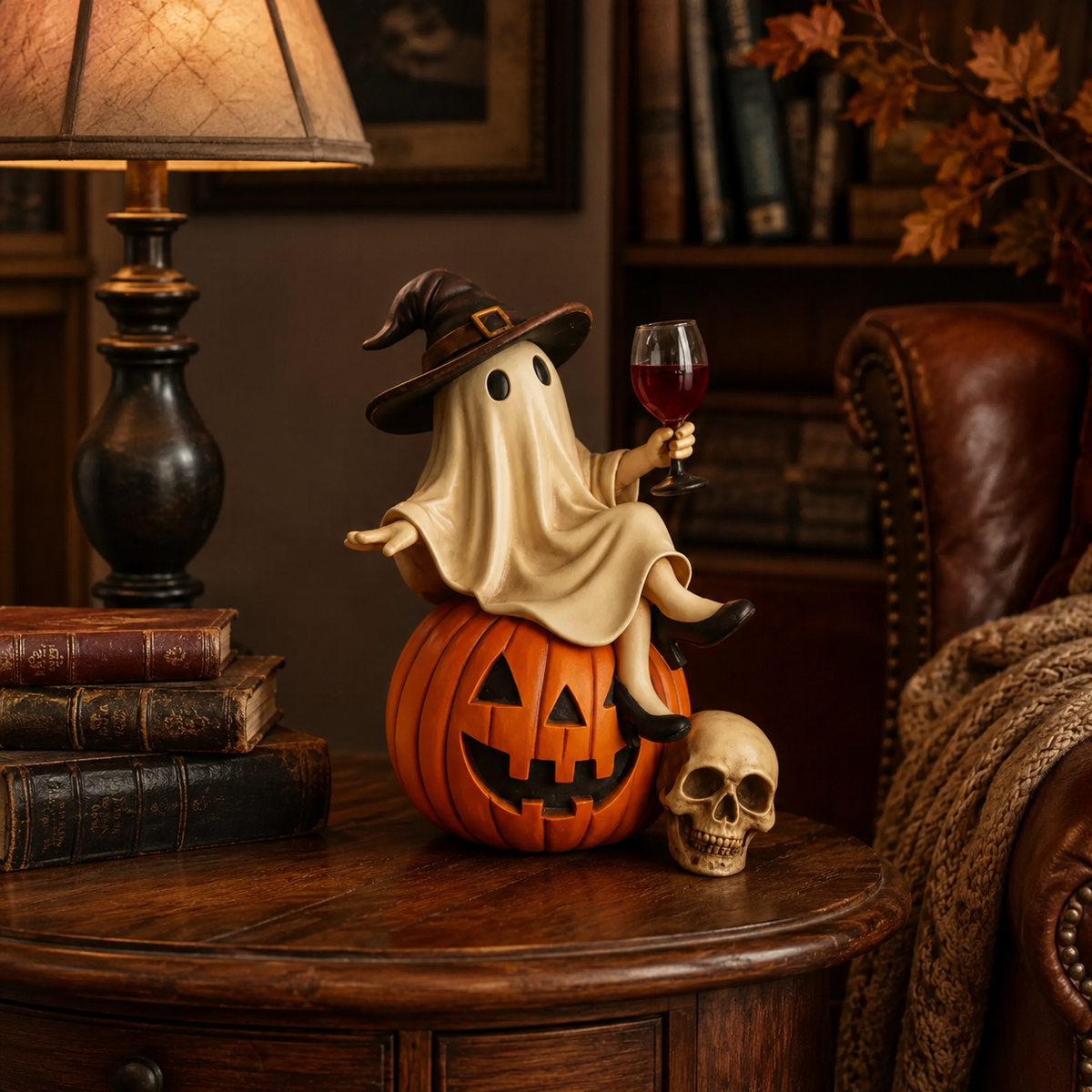 Ghost Wine Night Pumpkin Figurine