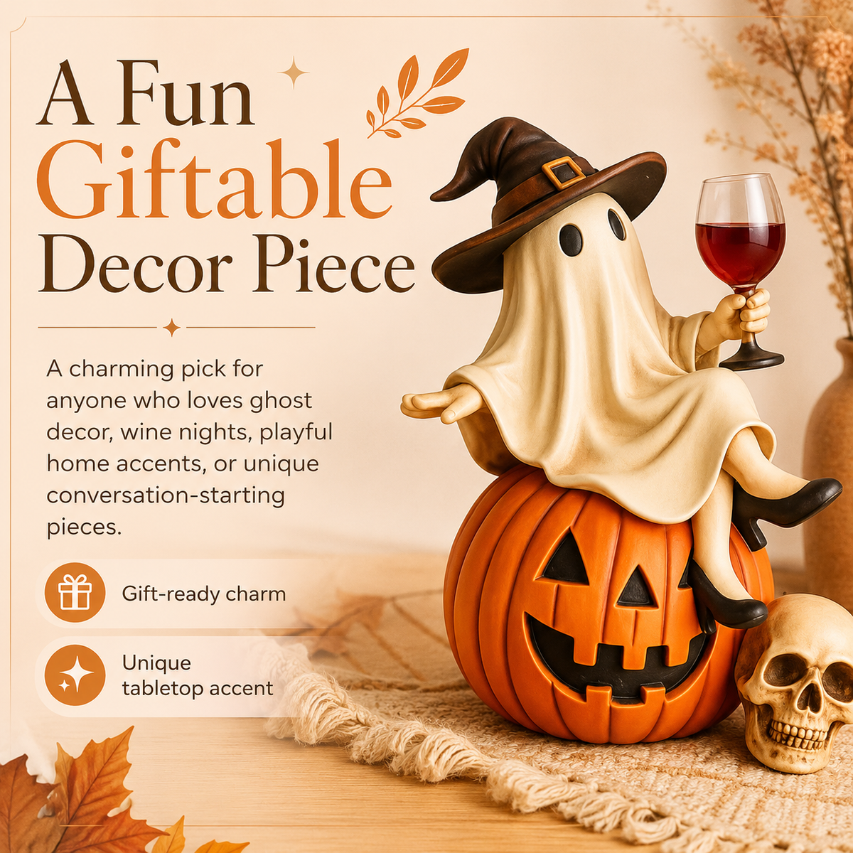 Ghost Wine Night Pumpkin Figurine