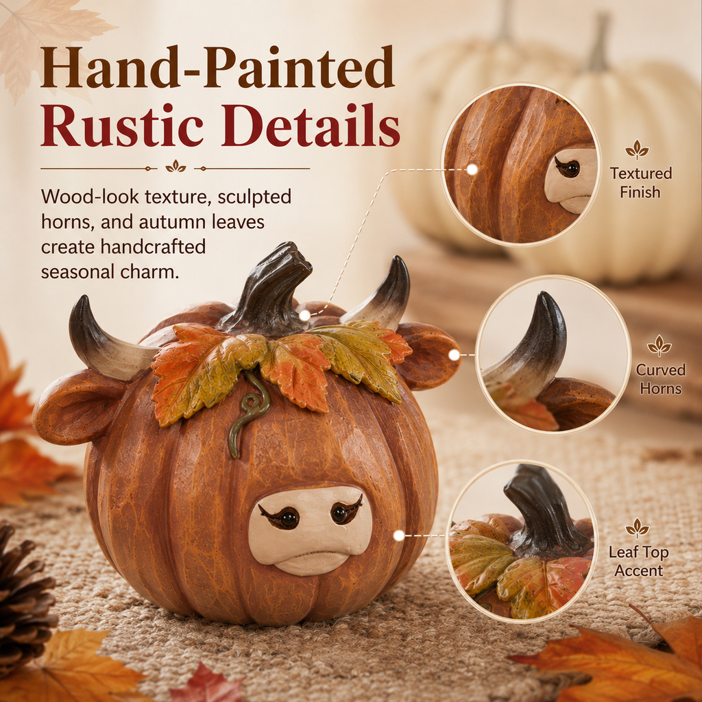 Highland Cow Pumpkin Collectible Decor, Hand-Painted Resin Fall Figurine