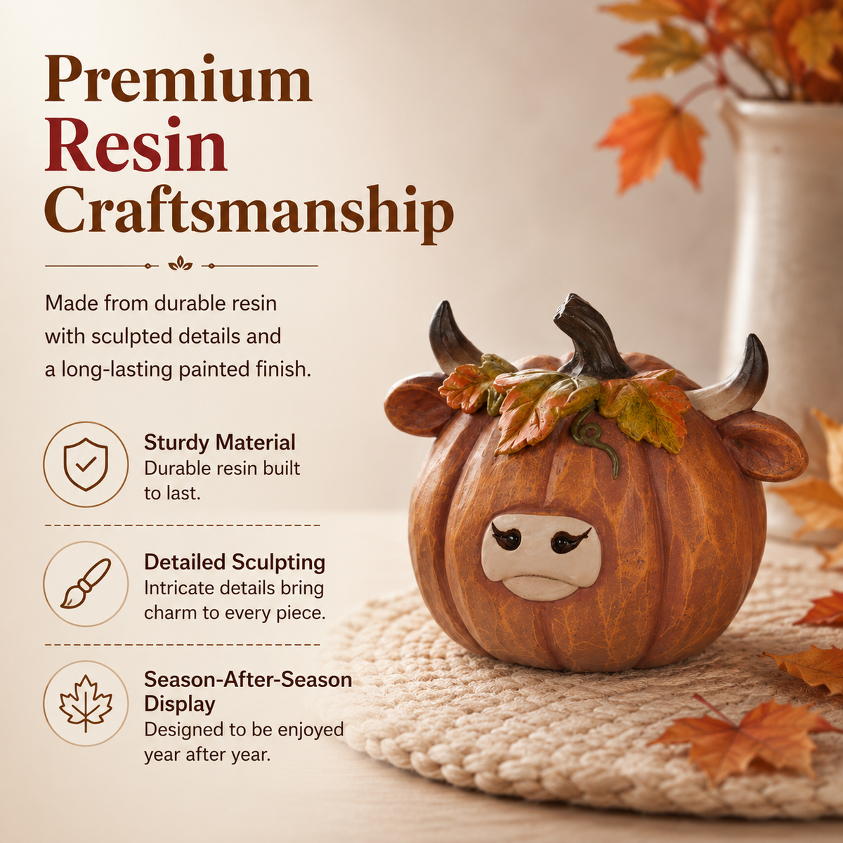 Highland Cow Pumpkin Collectible Decor, Hand-Painted Resin Fall Figurine
