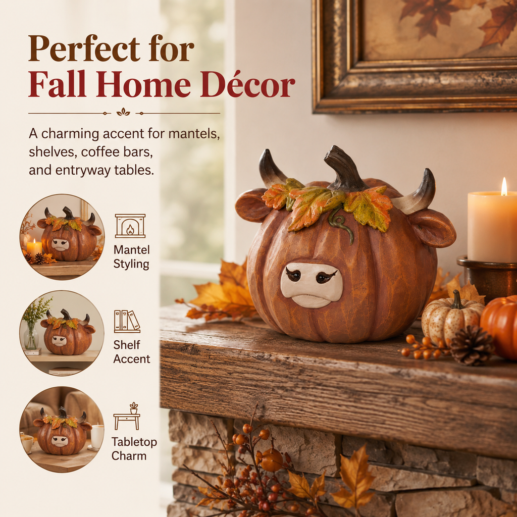 Highland Cow Pumpkin Collectible Decor, Hand-Painted Resin Fall Figurine