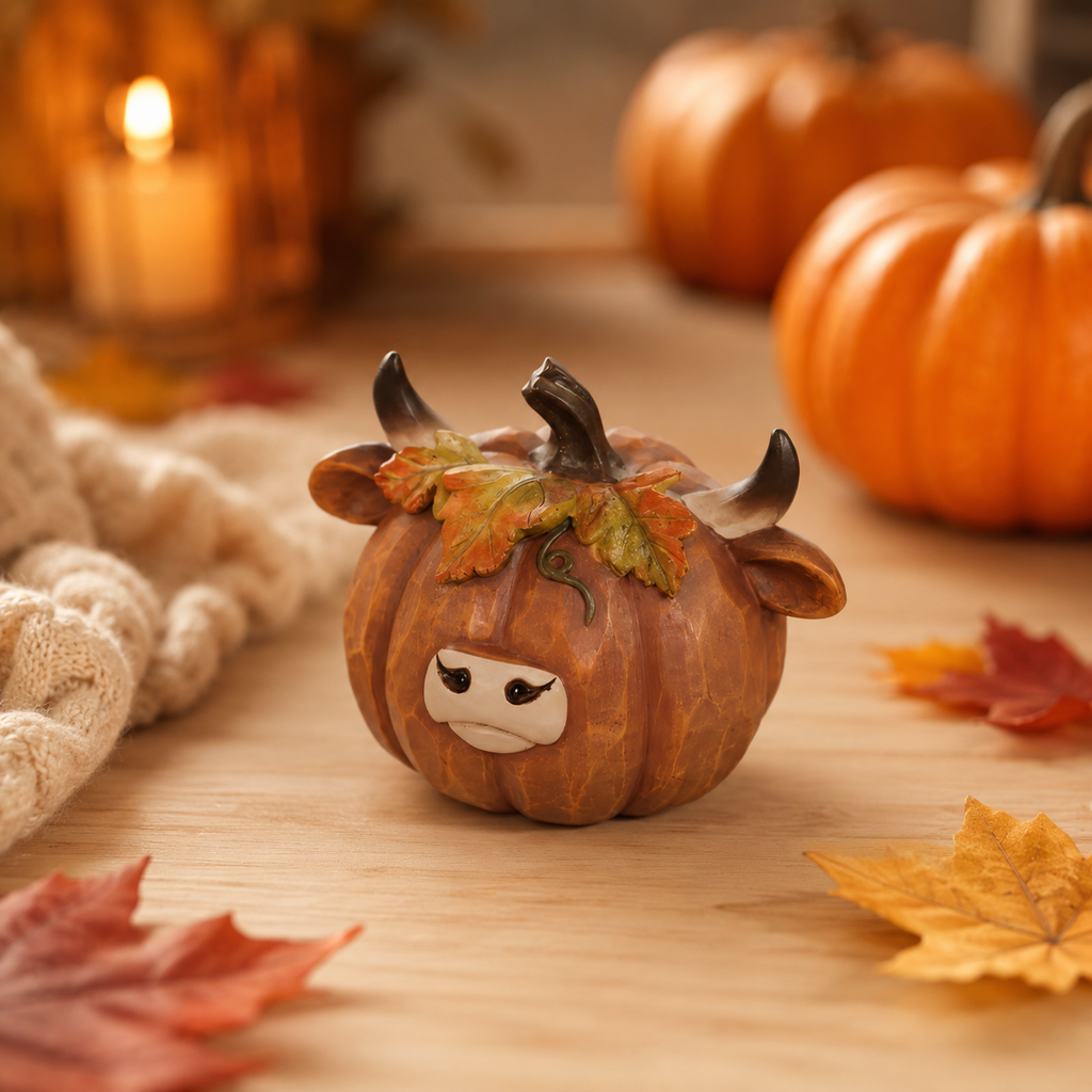 Highland Cow Pumpkin Collectible Decor, Hand-Painted Resin Fall Figurine