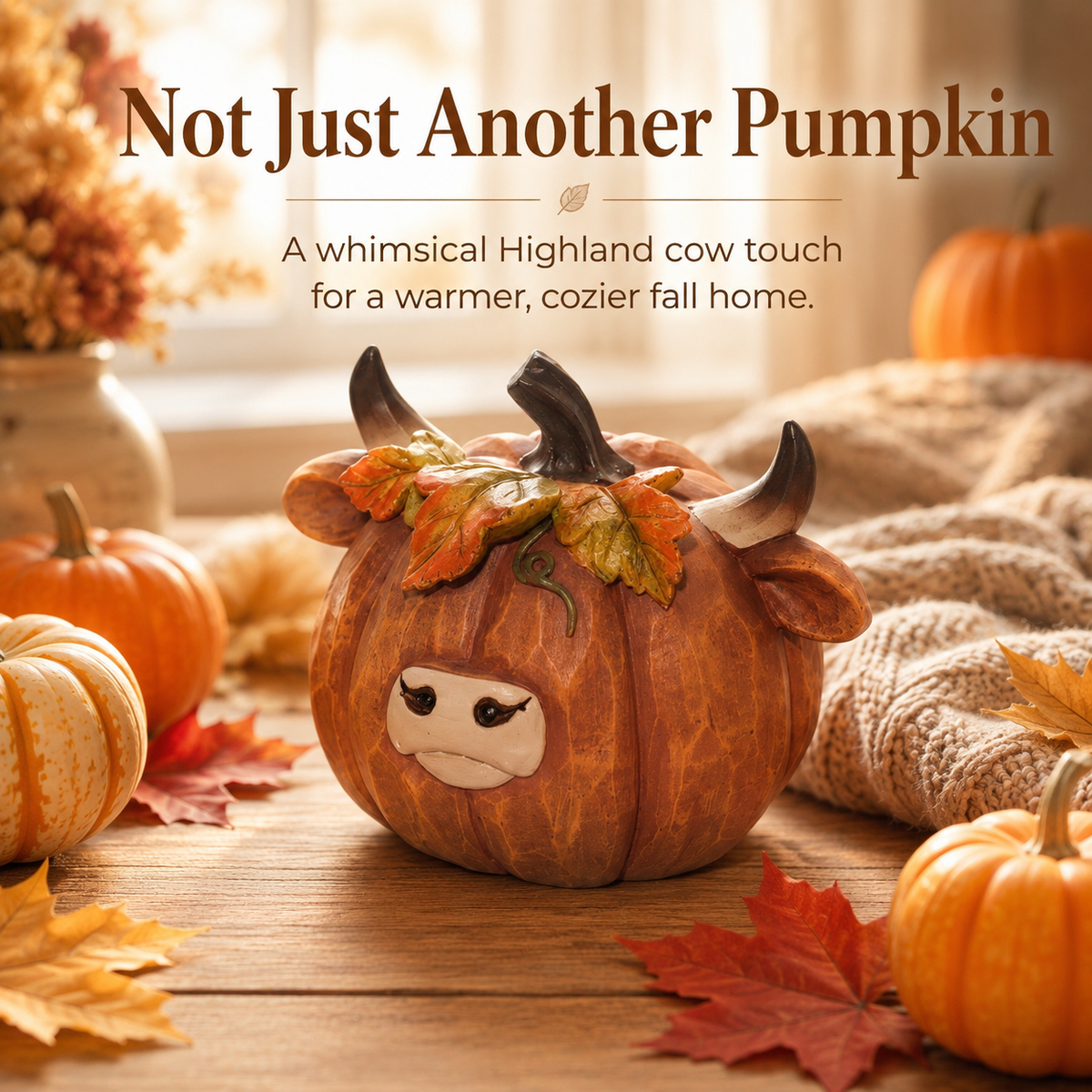 Highland Cow Pumpkin Collectible Decor, Hand-Painted Resin Fall Figurine