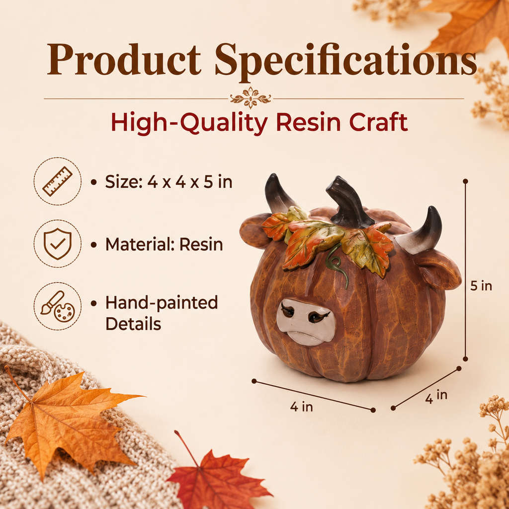 Highland Cow Pumpkin Collectible Decor, Hand-Painted Resin Fall Figurine