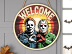 Halloween Door Hanger | Horror Couple Welcome Sign | Killer Friends Heart Hands Decor | Spooky Wall Gift for Halloween Lovers