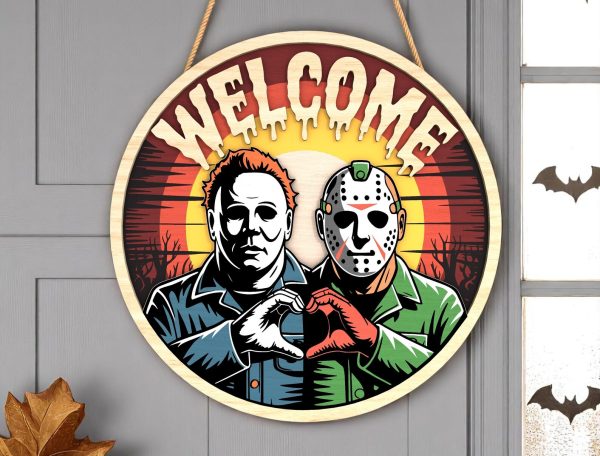 Halloween Door Hanger | Horror Couple Welcome Sign | Killer Friends Heart Hands Decor | Spooky Wall Gift for Halloween Lovers