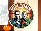 Halloween Door Hanger | Horror Couple Welcome Sign | Killer Friends Heart Hands Decor | Spooky Wall Gift for Halloween Lovers