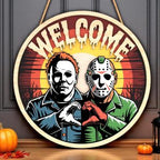 Halloween Door Hanger | Horror Couple Welcome Sign | Killer Friends Heart Hands Decor | Spooky Wall Gift for Halloween Lovers