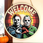 Halloween Door Hanger | Horror Couple Welcome Sign | Killer Friends Heart Hands Decor | Spooky Wall Gift for Halloween Lovers