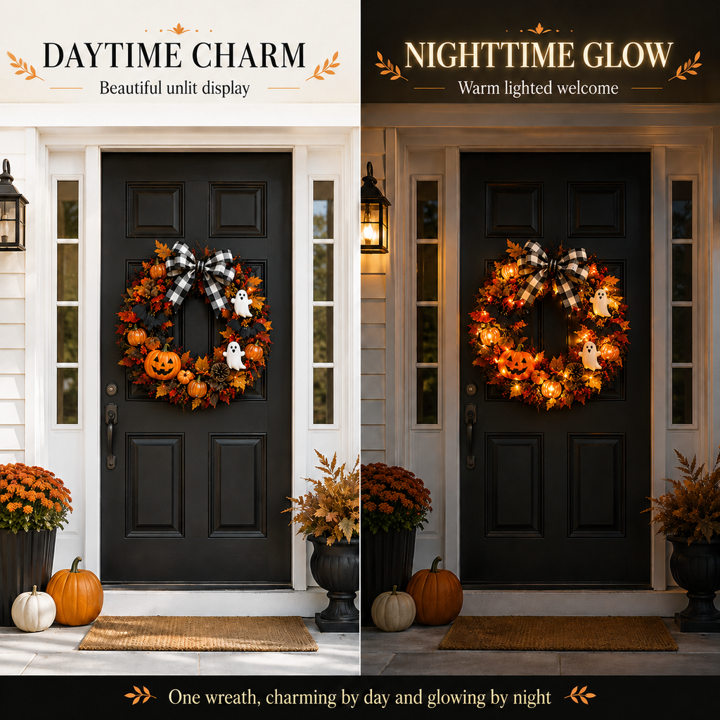 20 Inch Lighted Halloween Fall Wreath Warm - Spooky-Cute Charm for Your Front Door 🎃👻
